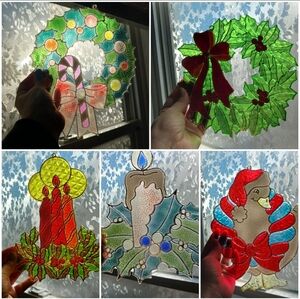 Vintage Faux Stained Glass Plastic Christmas Sun Catchers, Set of 5 piec…